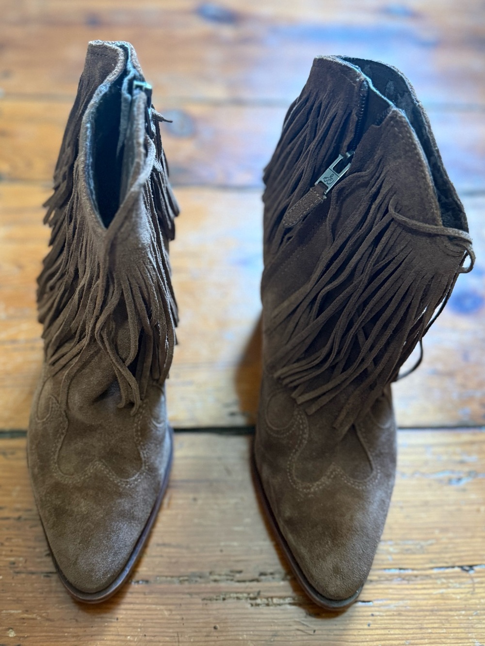 Sam Edelman Taupe Suede Fringe Ankle Boots - Picture 2 of 7